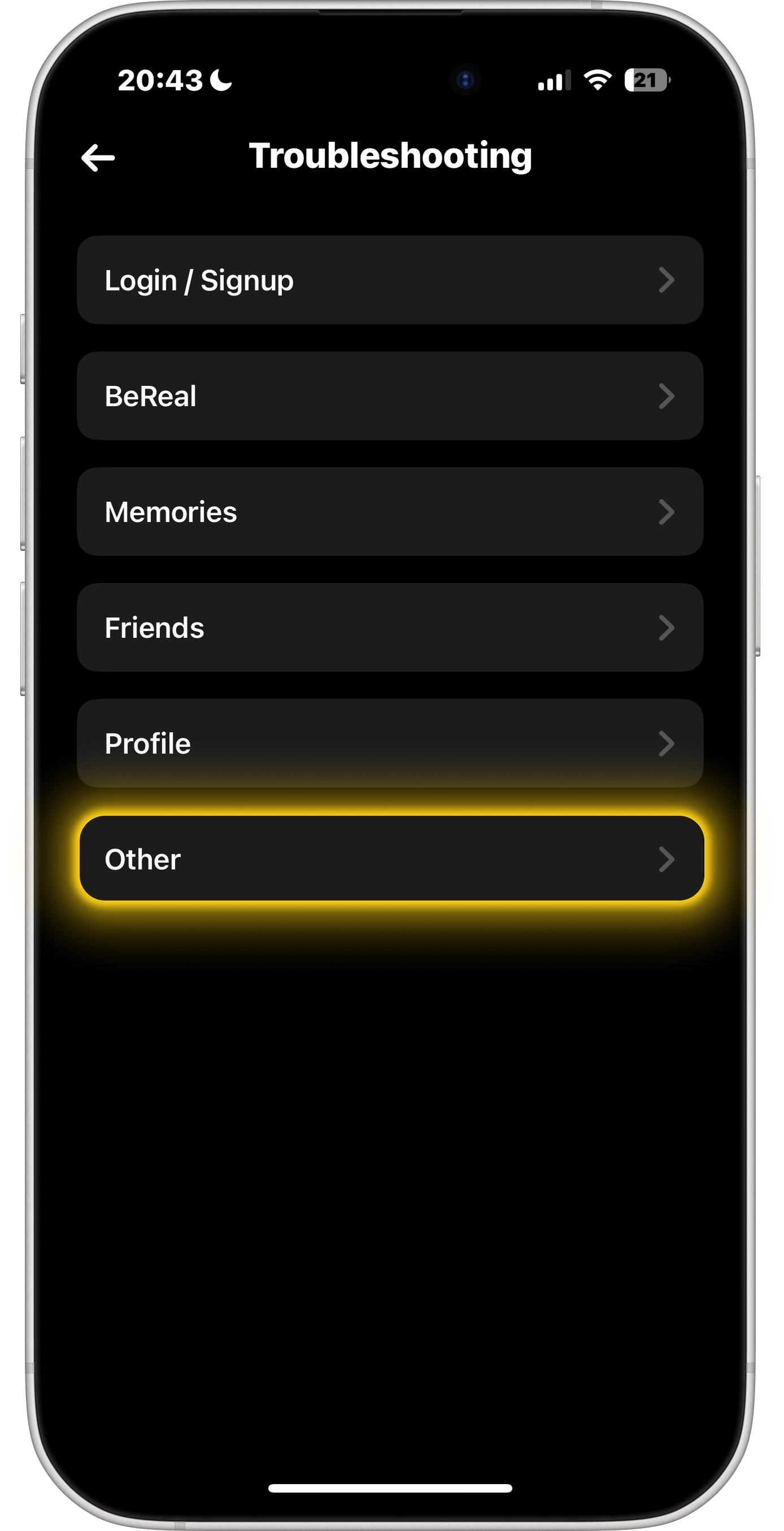 BeReal Felsökningsskärm — tryck på Annat
